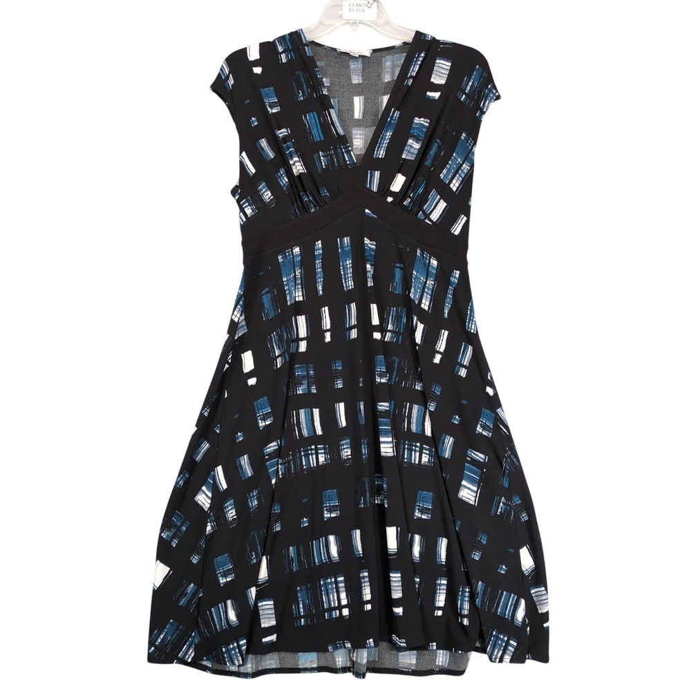 GH Bass & Co Black Blue Empire Waist Midi Dress Sz 16 Stretch Abstract Print Y2K